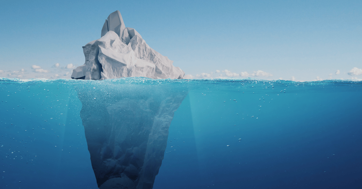 Iceberg showing visible and hidden sections, illustrating the invisible labor behind marketing decisions